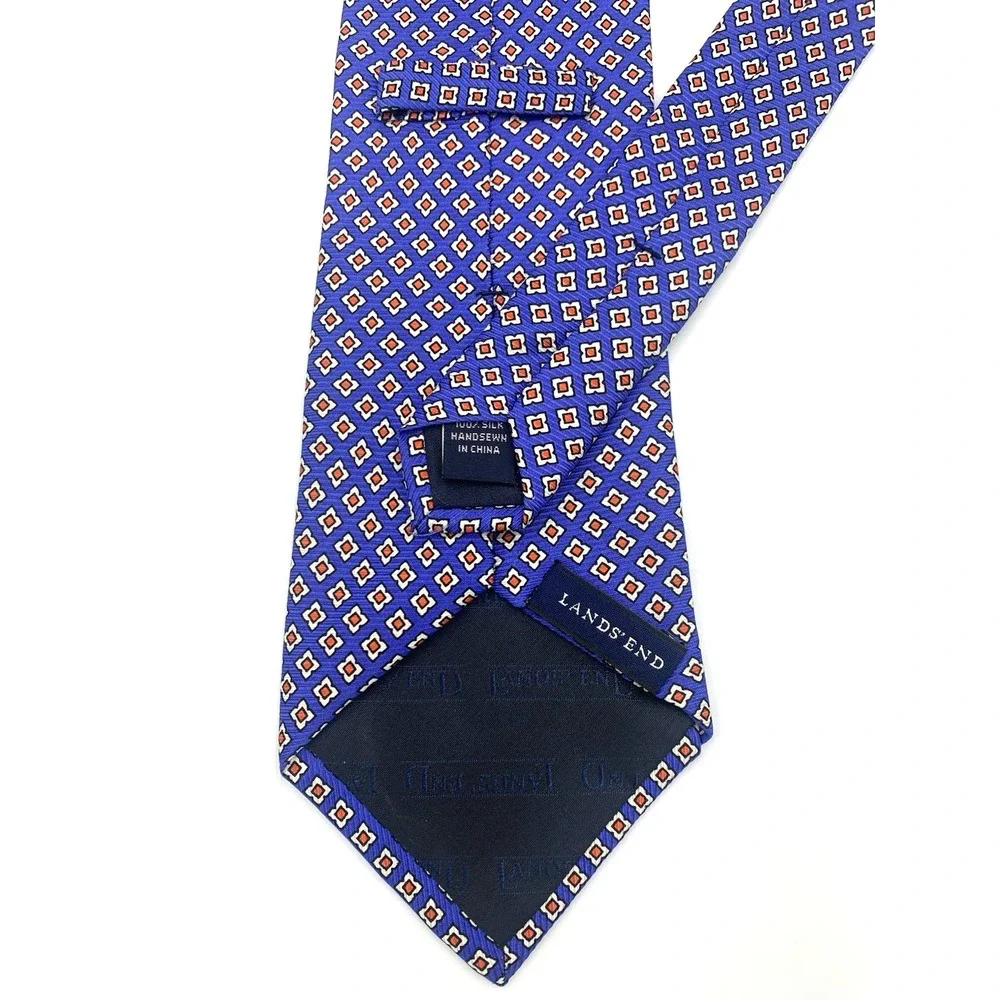Vintage Lands End Blue Geometric‎ 100% Silk Men's Tie - 59 1/2